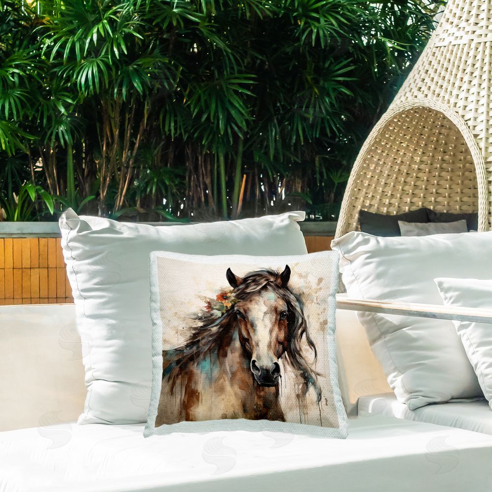 Lazar Studio Abstract Horse & Florals Outdoor Quick-Dry Polyester Printed Throw Pillow in Back Yard