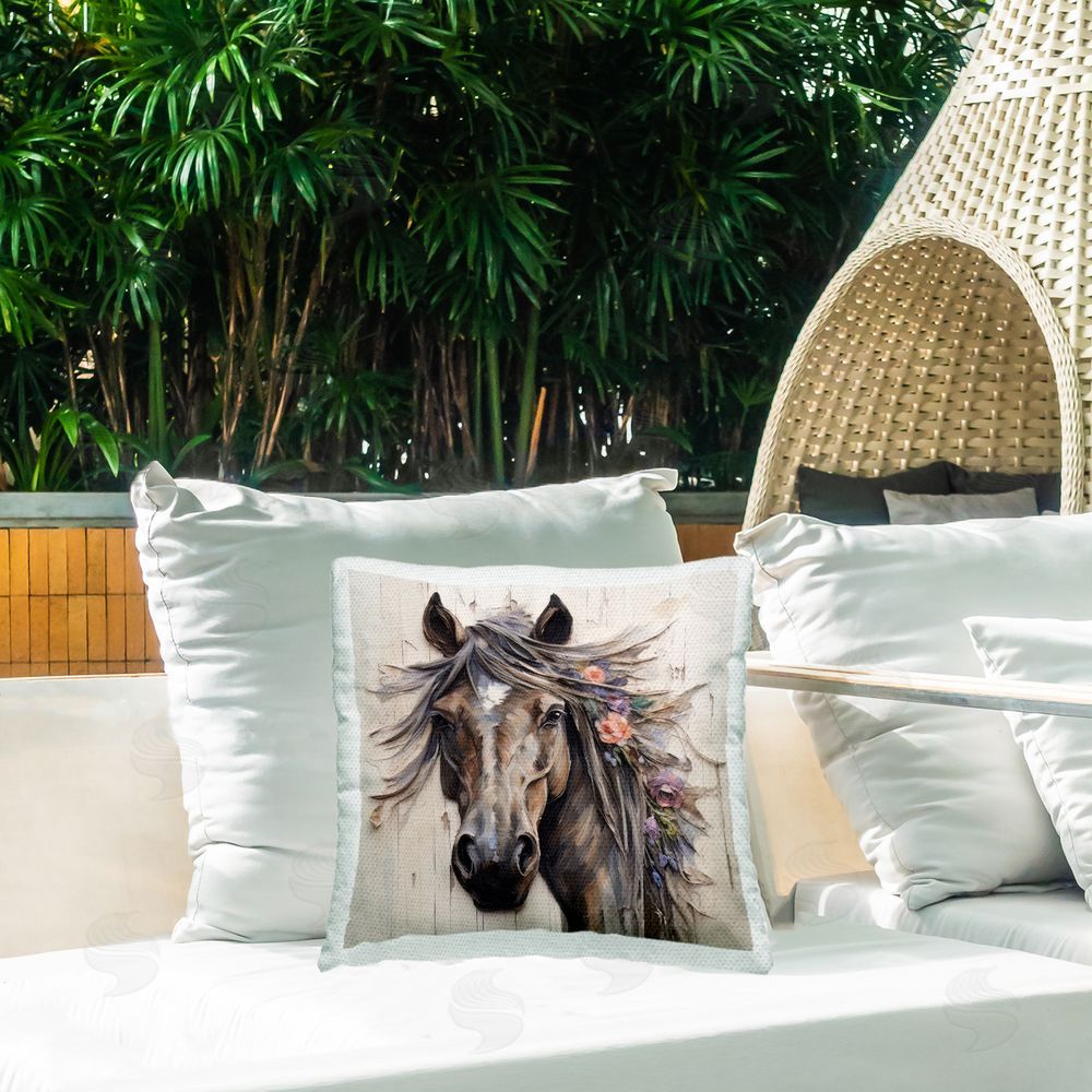 Lazar Studio Expressive Horse Portrait Outdoor Quick-Dry Polyester Printed Throw Pillow in Back Yard