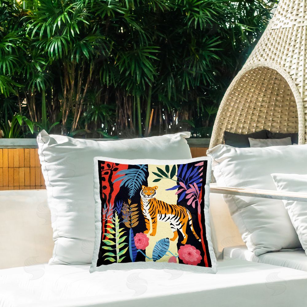 Lazar Studio Tiger & Vivid Plants Outdoor Quick-Dry Polyester Printed Throw Pillow in Back Yard