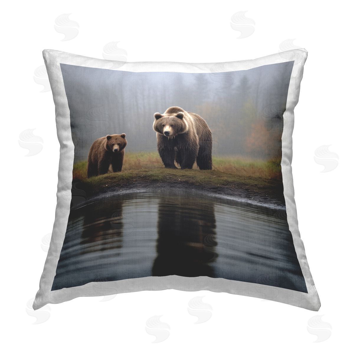 Lazar Studio Bear & Cub Pond Reflection Printed Plush Polyester Throw Pillow