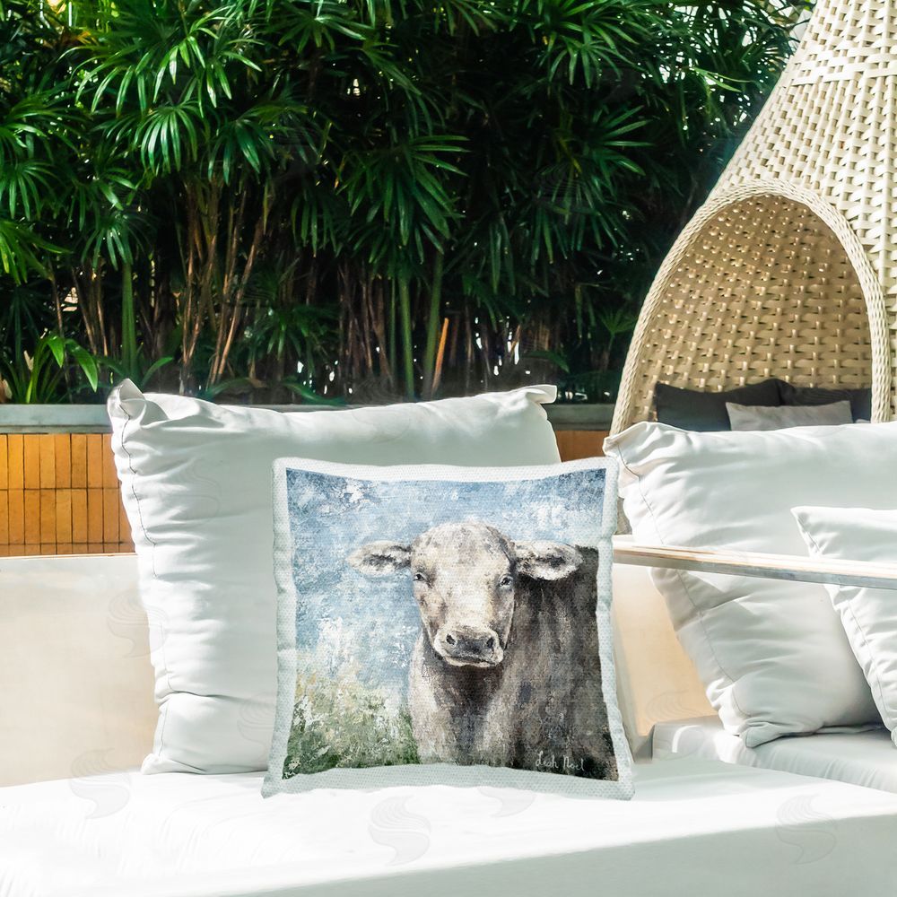 Leah Noel Art Abstract Cow Gazing Outdoor Quick-Dry Polyester Printed Throw Pillow in Back Yard