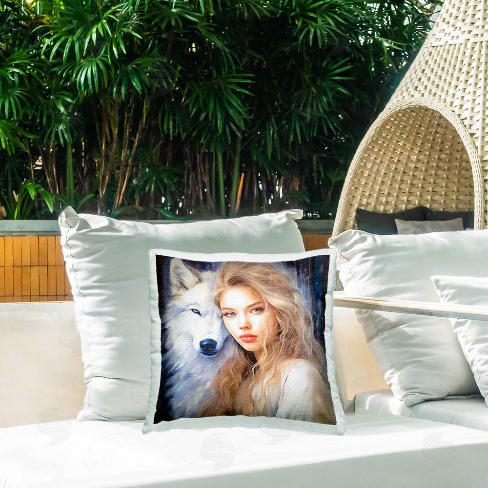Lena Owens Woman with Tundra Wolf Outdoor Quick-Dry Polyester Printed Throw Pillow in Back Yard