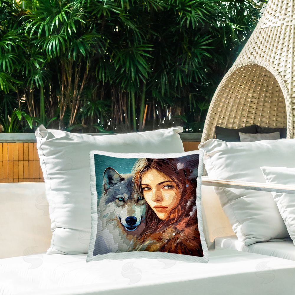 Lena Owens Female & Wolf Portrait Outdoor Quick-Dry Polyester Printed Throw Pillow in Back Yard