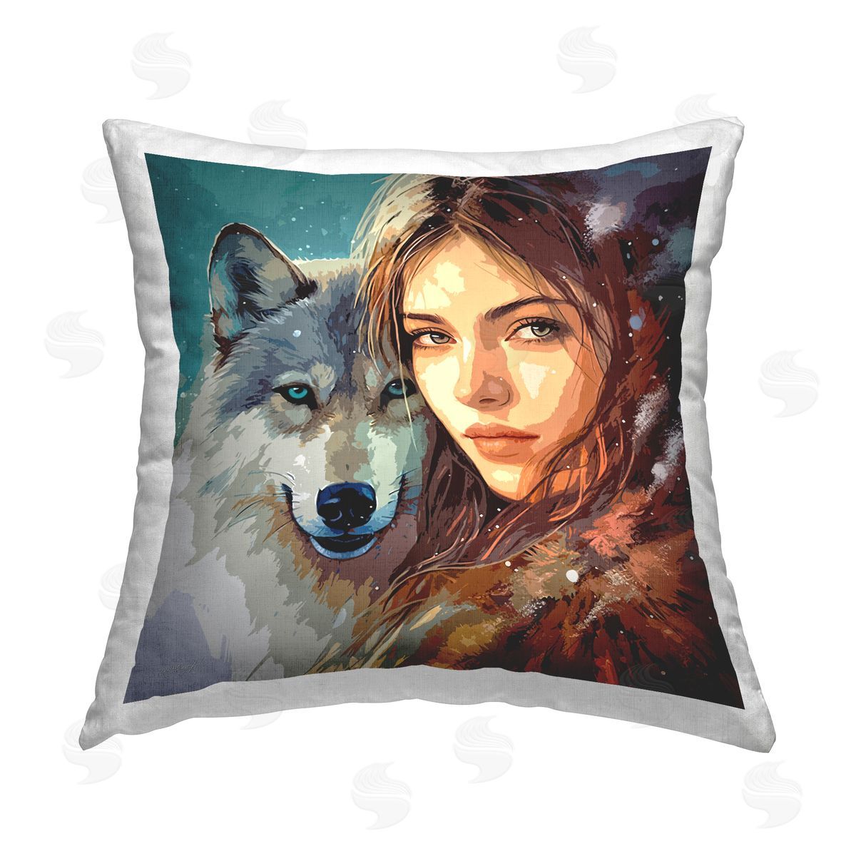Lena Owens Female & Wolf Portrait Printed Plush Polyester Throw Pillow