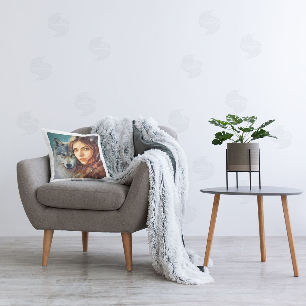 Lena Owens Female & Wolf Portrait Printed Plush Polyester Throw Pillow On Chair
