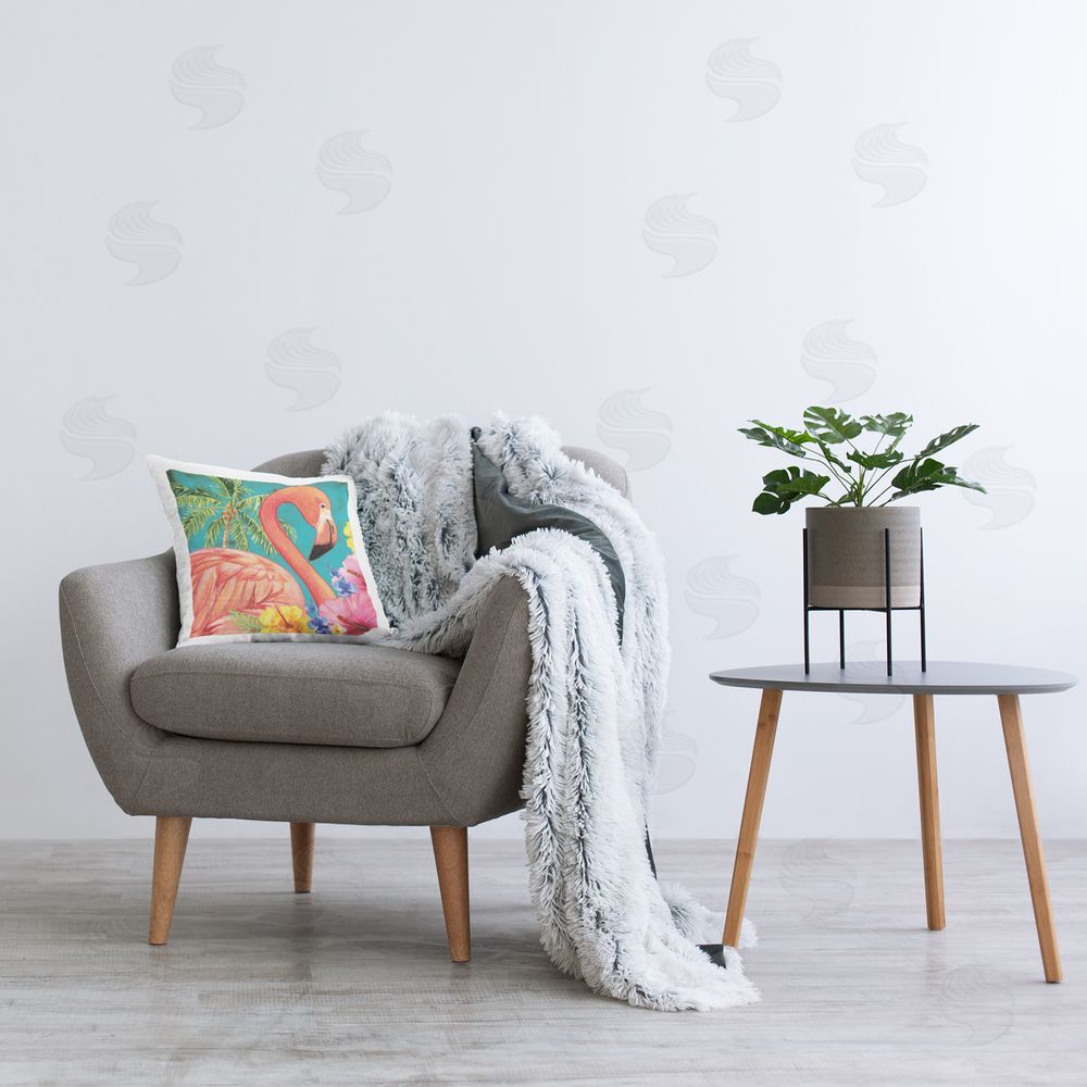 ND Art Flamingo with Summer Plants Printed Plush Polyester Throw Pillow On Chair