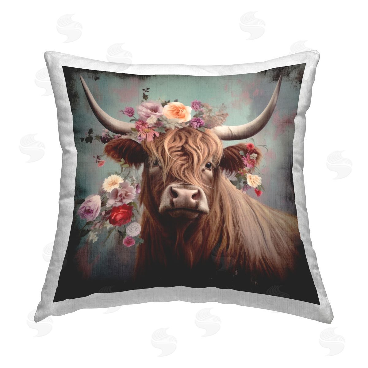 Irena Orlov Highland Cow Floral Portrait Printed Plush Polyester Throw Pillow