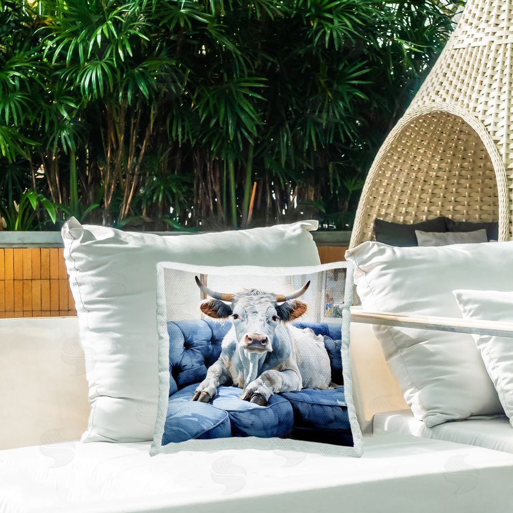 Ryley Gray Cow on Farmhouse Couch Outdoor Quick-Dry Polyester Printed Throw Pillow in Back Yard