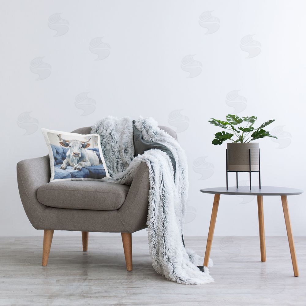 Ryley Gray Cow on Farmhouse Couch Printed Plush Polyester Throw Pillow On Chair