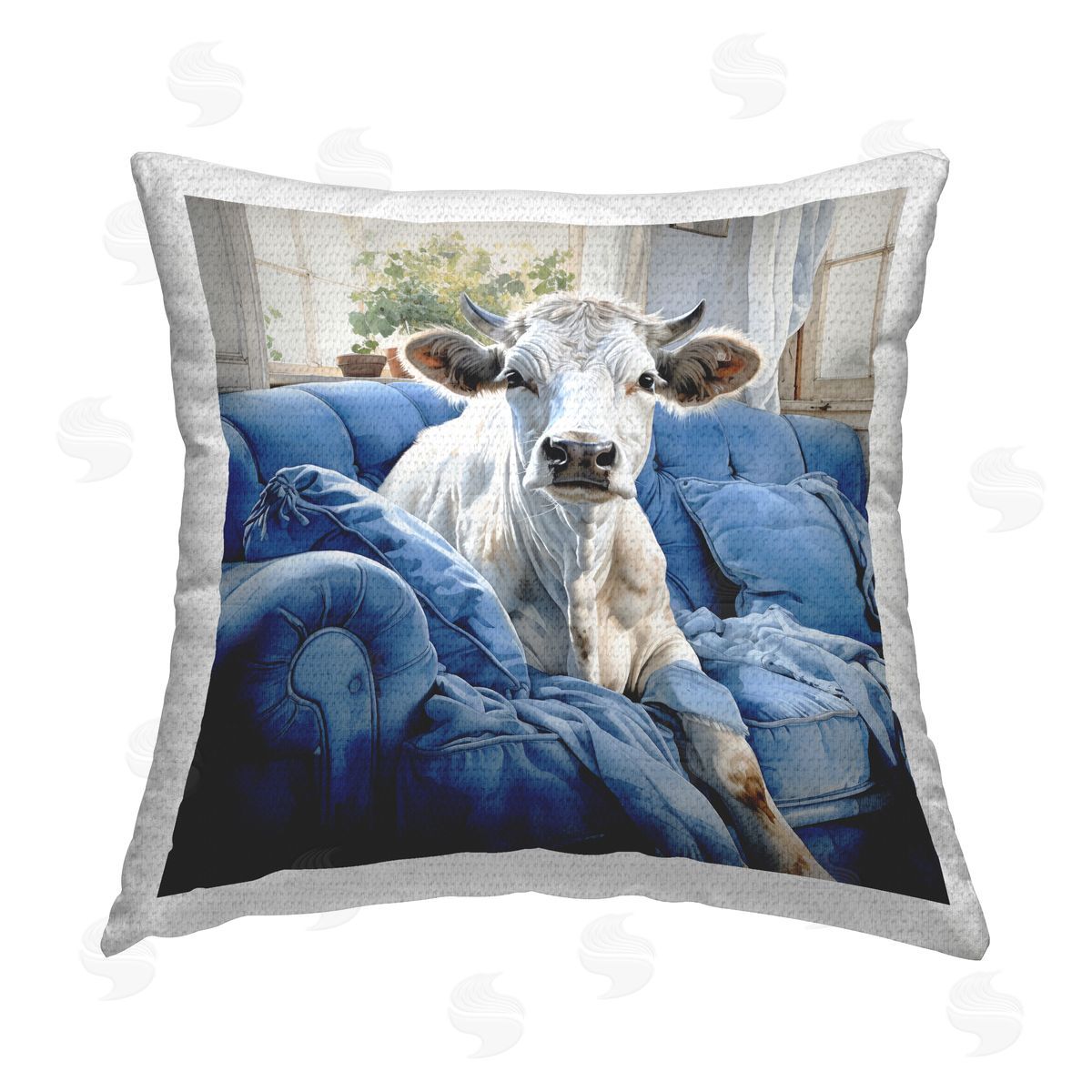 Ryley Gray Cattle on Blue Couch Outdoor Quick-Dry Polyester Printed Throw Pillow