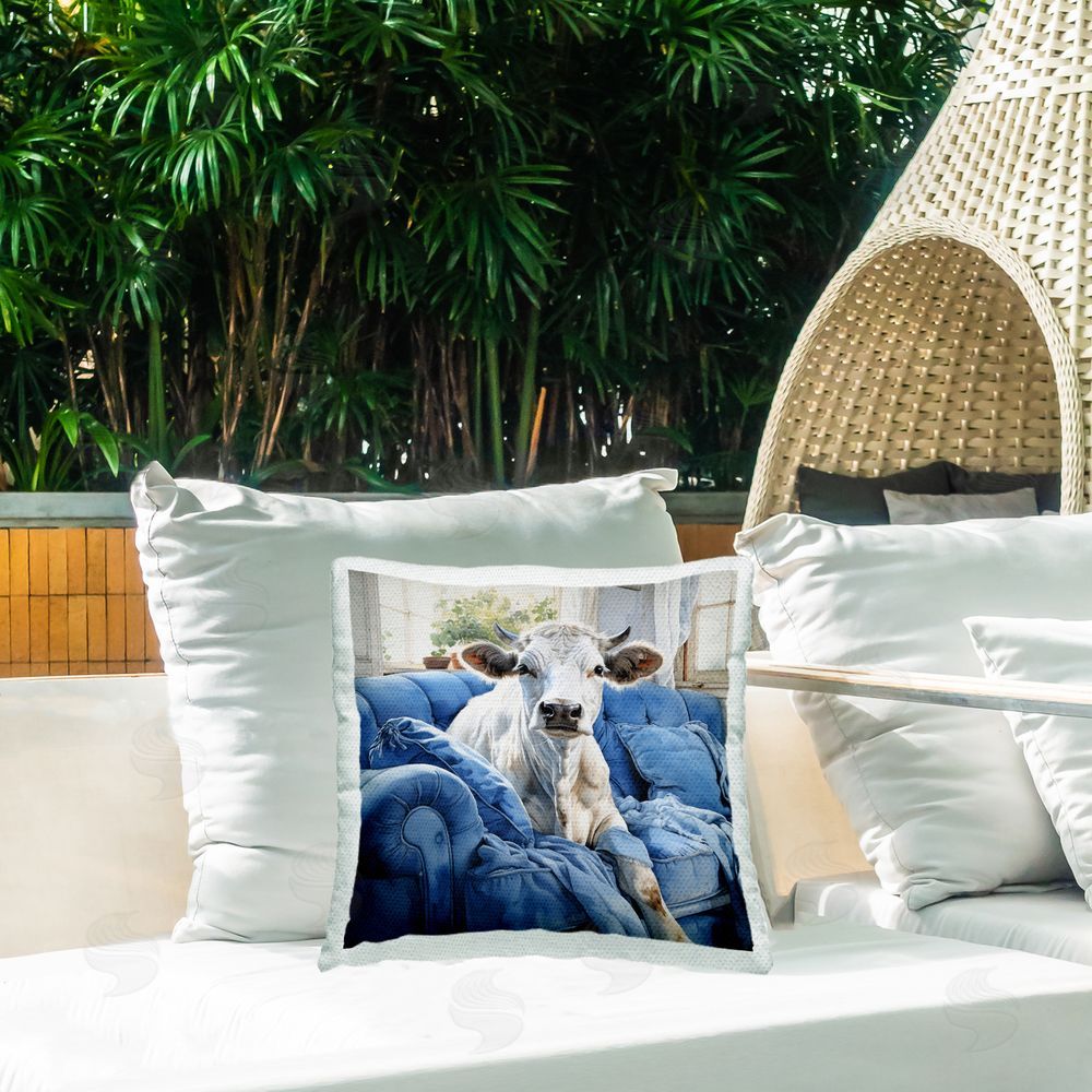 Ryley Gray Cattle on Blue Couch Outdoor Quick-Dry Polyester Printed Throw Pillow in Back Yard