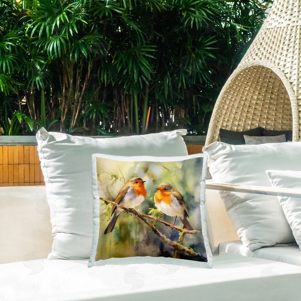 Ryley Gray Robin Birds on Branch Outdoor Quick-Dry Polyester Printed Throw Pillow in Back Yard