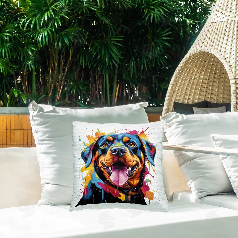 MB Cunningham Vivid Hued Rott Portrait Outdoor Quick-Dry Polyester Printed Throw Pillow in Back Yard