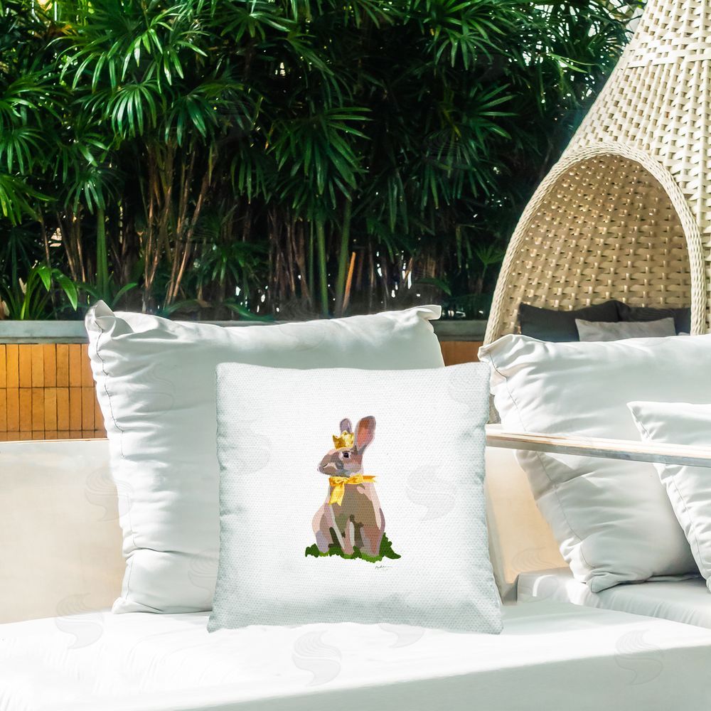 Amelia Noyes Royal Bunny in Bow Outdoor Quick-Dry Polyester Printed Throw Pillow in Back Yard