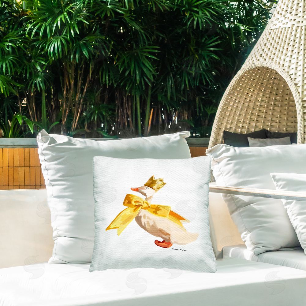 Amelia Noyes Royal Goose with Ribbon Outdoor Quick-Dry Polyester Printed Throw Pillow in Back Yard