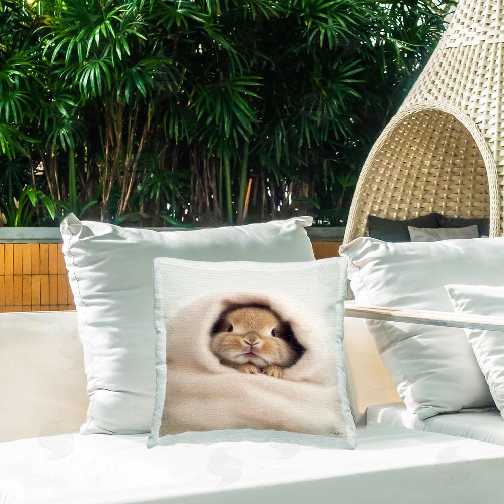 Roozbeh Cuddling Baby Bunny Outdoor Quick-Dry Polyester Printed Throw Pillow in Back Yard