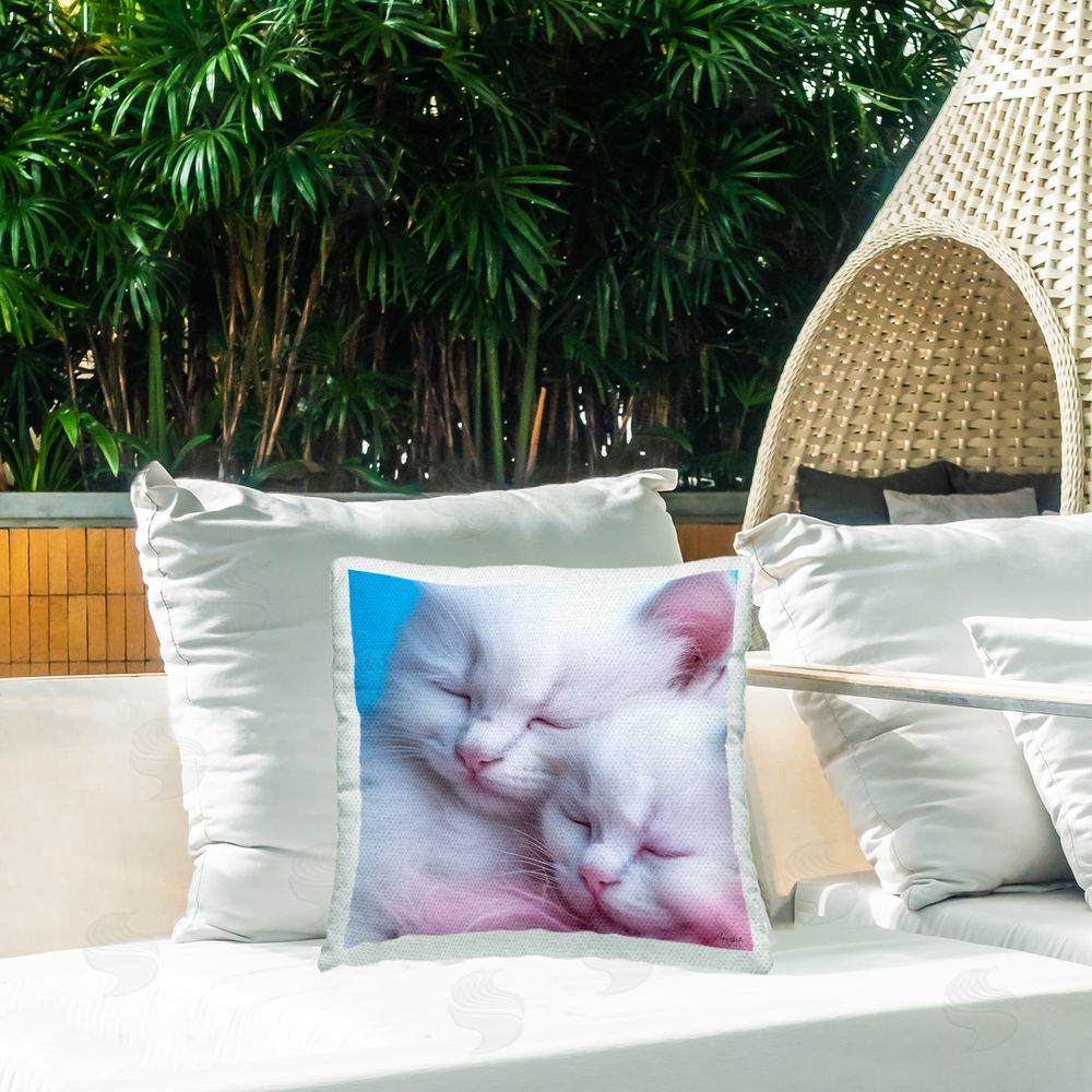 Roozbeh White Kittens Cuddling Outdoor Quick-Dry Polyester Printed Throw Pillow in Back Yard