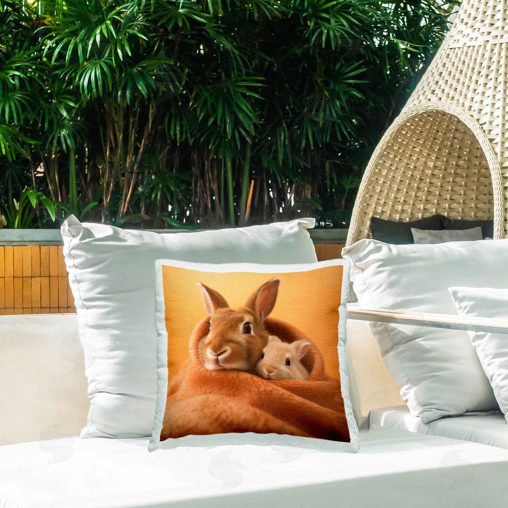 Roozbeh Cuddling Baby Rabbits Outdoor Quick-Dry Polyester Printed Throw Pillow in Back Yard