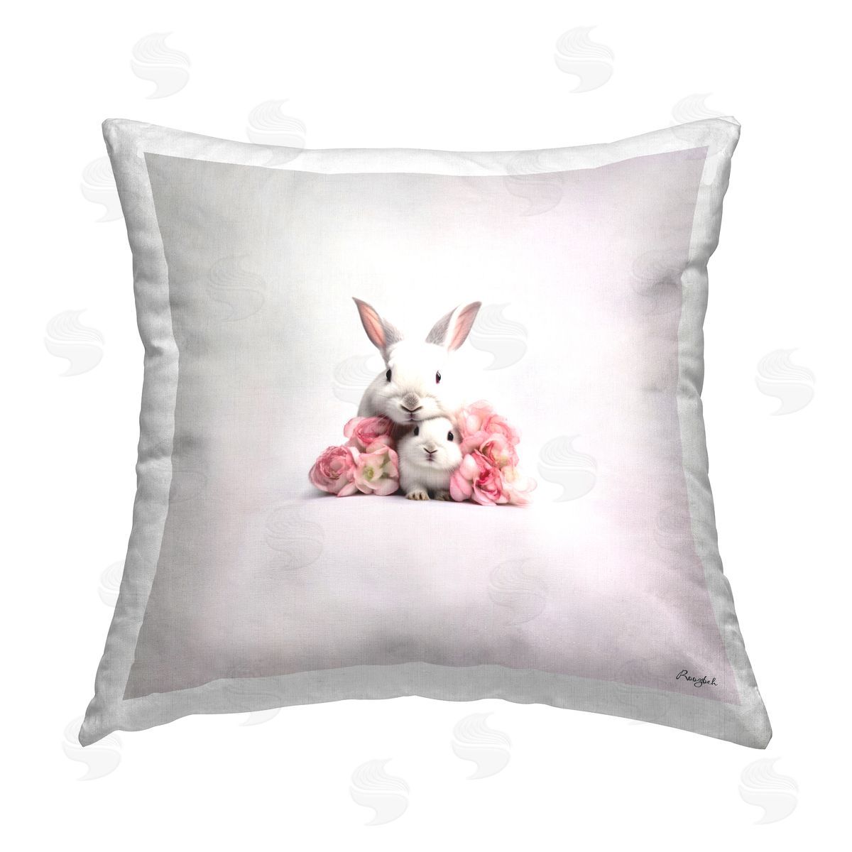 Roozbeh Hugging Bunnies & Roses Printed Plush Polyester Throw Pillow