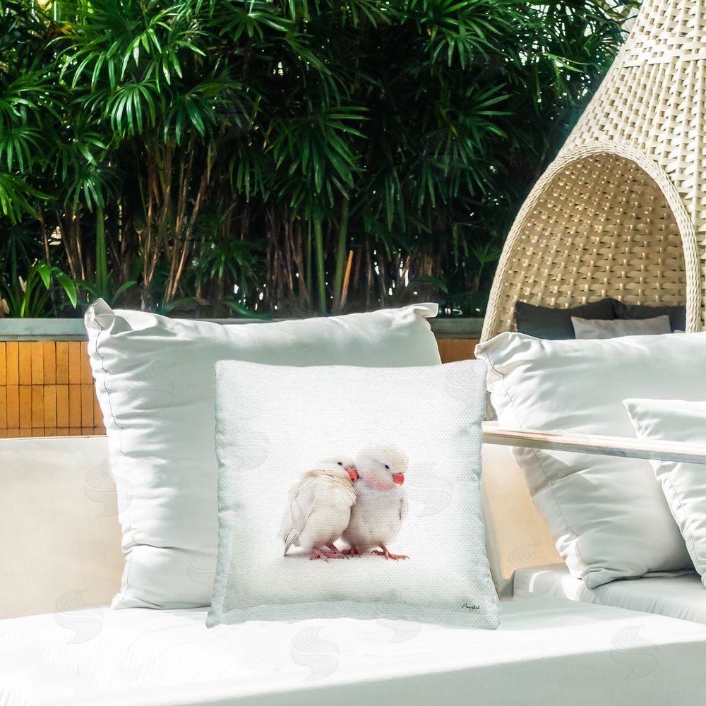 Roozbeh Minimal White Parrots Outdoor Quick-Dry Polyester Printed Throw Pillow in Back Yard