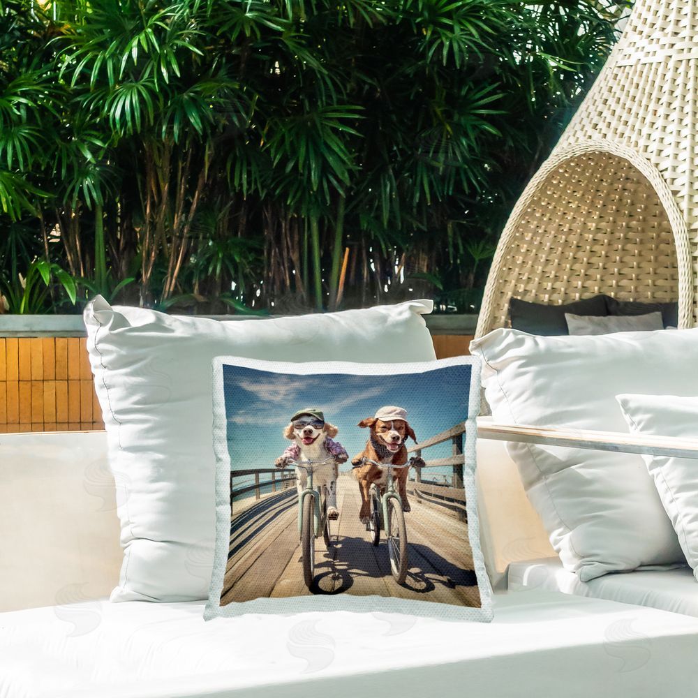 Ray Powers Dogs Cycling at Beach Outdoor Quick-Dry Polyester Printed Throw Pillow in Back Yard
