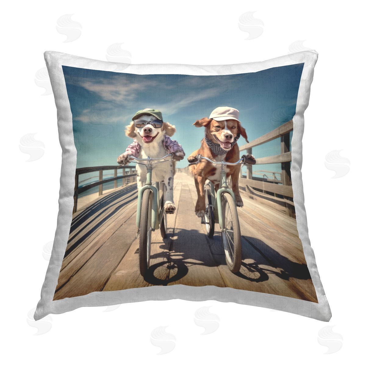 Ray Powers Dogs Cycling at Beach Printed Plush Polyester Throw Pillow