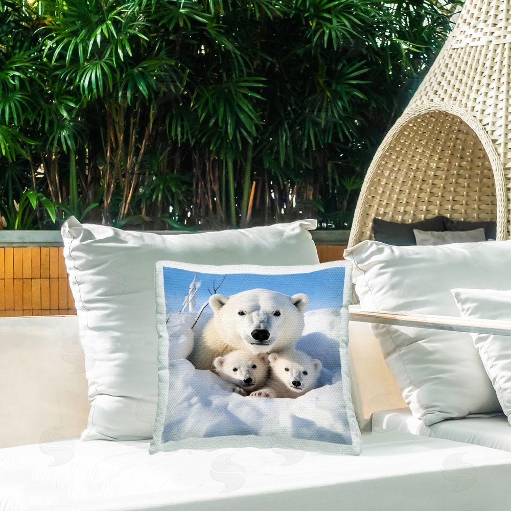 Ray Powers Polar Bear Cubs in Snow Outdoor Quick-Dry Polyester Printed Throw Pillow in Back Yard
