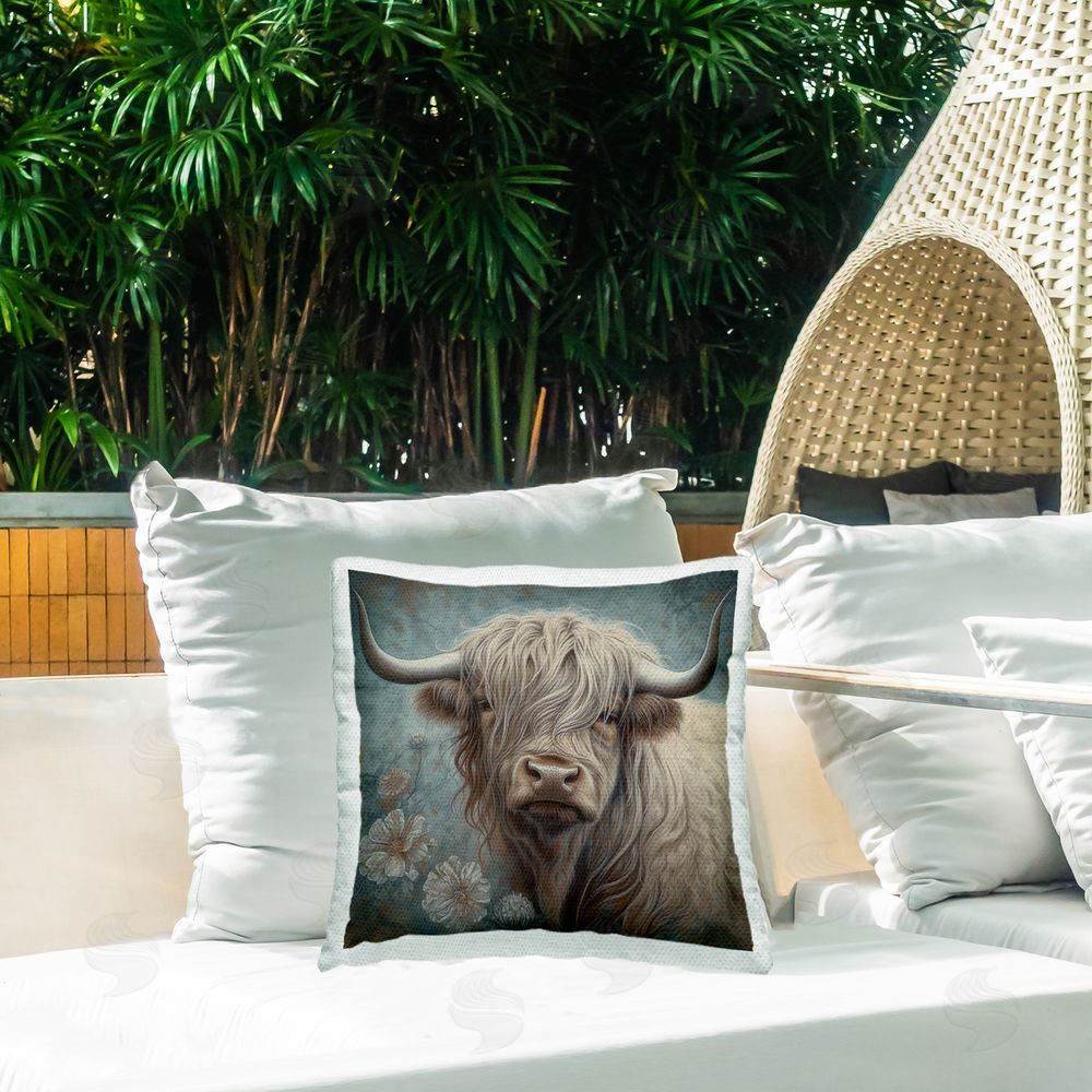 Steve Hunziker Charming Shaggy Cattle Outdoor Quick-Dry Polyester Printed Throw Pillow in Back Yard
