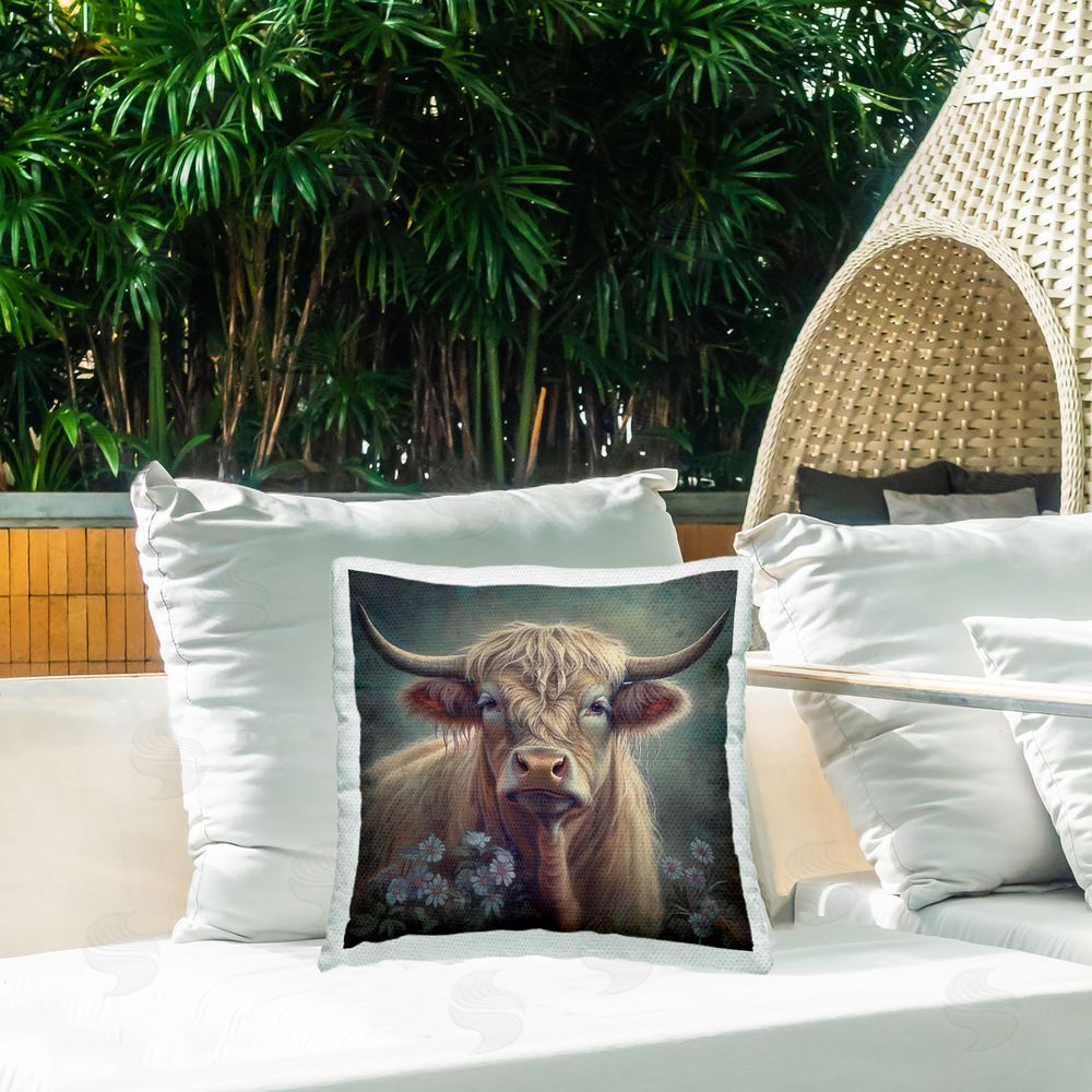 Steve Hunziker Charming Shaggy Cow Outdoor Quick-Dry Polyester Printed Throw Pillow in Back Yard