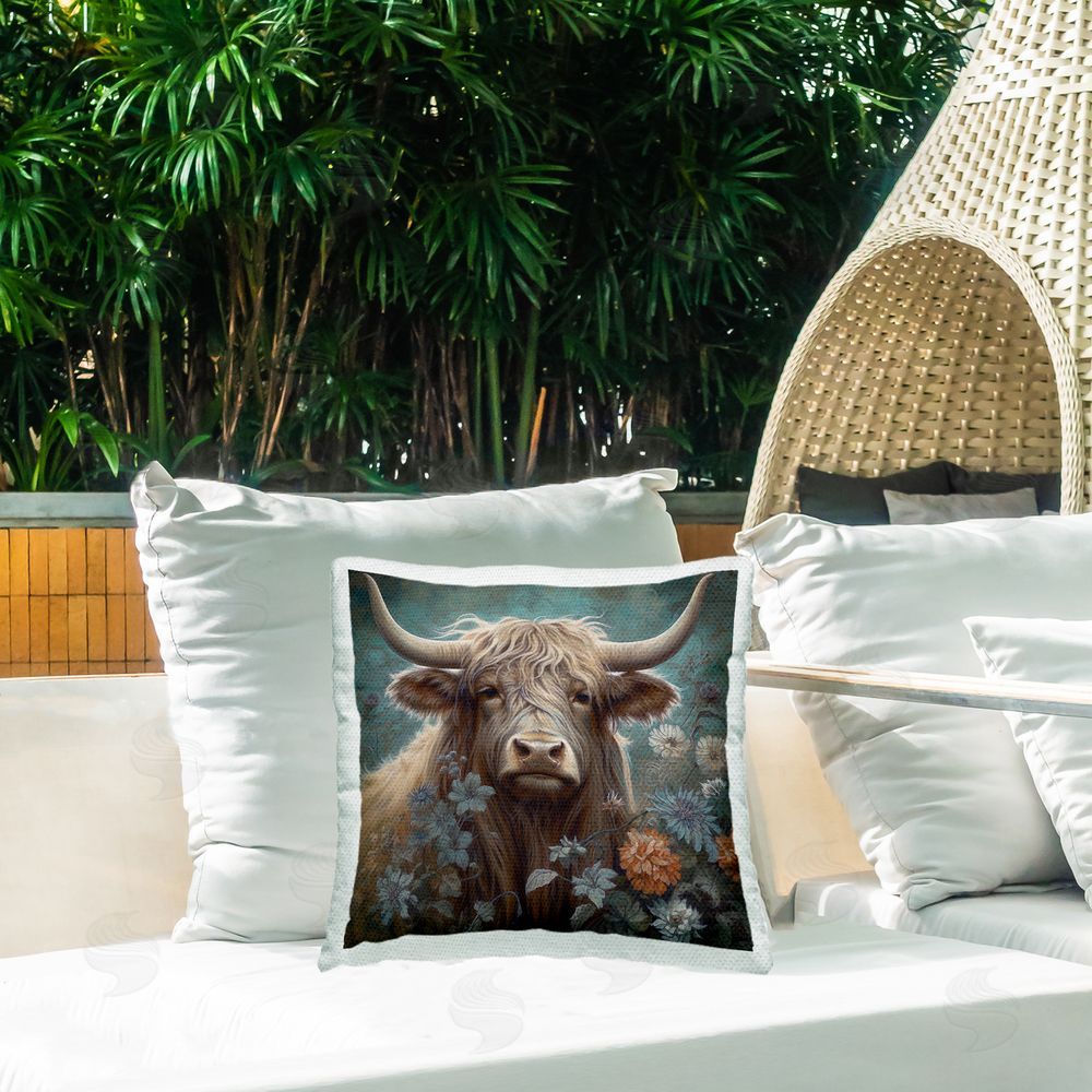 Steve Hunziker Floral Shaggy Cattle Outdoor Quick-Dry Polyester Printed Throw Pillow in Back Yard