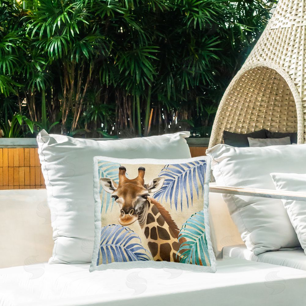 Lucca Sheppard Giraffe & Tropical Palms Outdoor Quick-Dry Polyester Printed Throw Pillow in Back Yard
