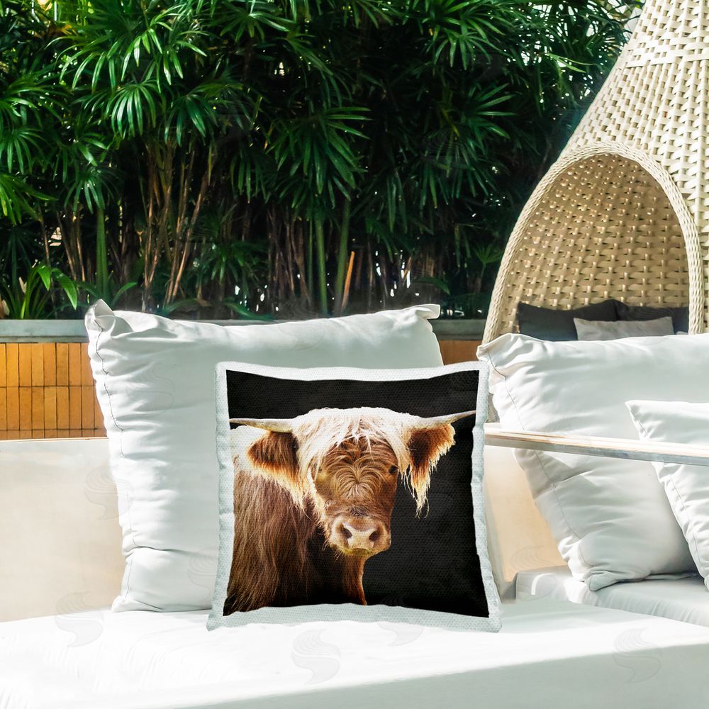 Emily Navas Shaggy Cow on Black Outdoor Quick-Dry Polyester Printed Throw Pillow in Back Yard