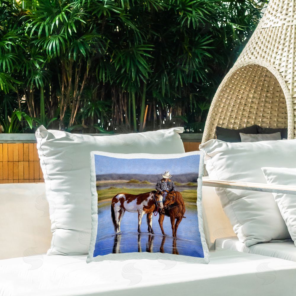 Victoria Schultz Cowboy Crossing River Outdoor Quick-Dry Polyester Printed Throw Pillow in Back Yard