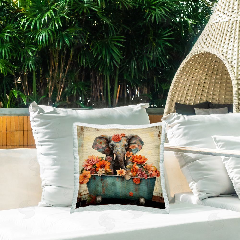 Lazar Studio Elephant Bathing Bold Florals Outdoor Quick-Dry Polyester Printed Throw Pillow in Back Yard