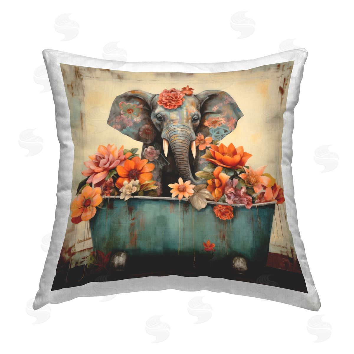 Lazar Studio Elephant Bathing Bold Florals Printed Plush Polyester Throw Pillow