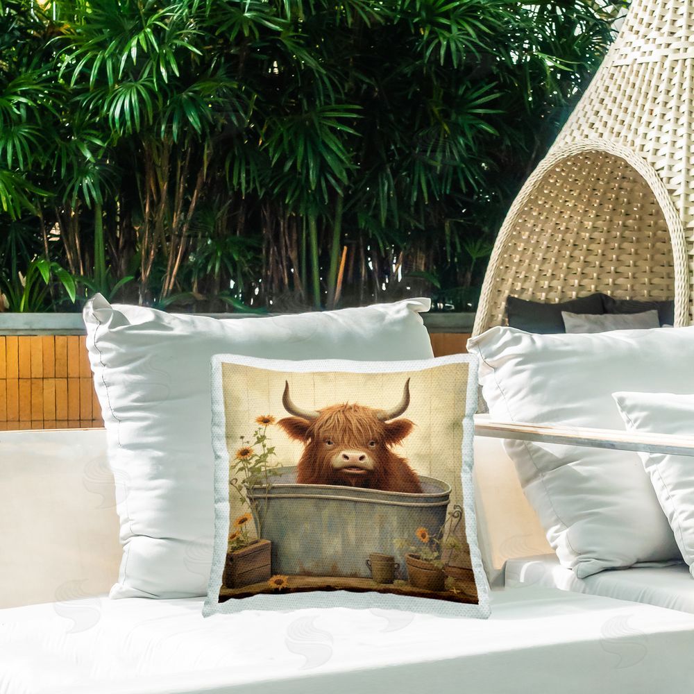 Lazar Studio Farmhouse Cow Bathing Outdoor Quick-Dry Polyester Printed Throw Pillow in Back Yard
