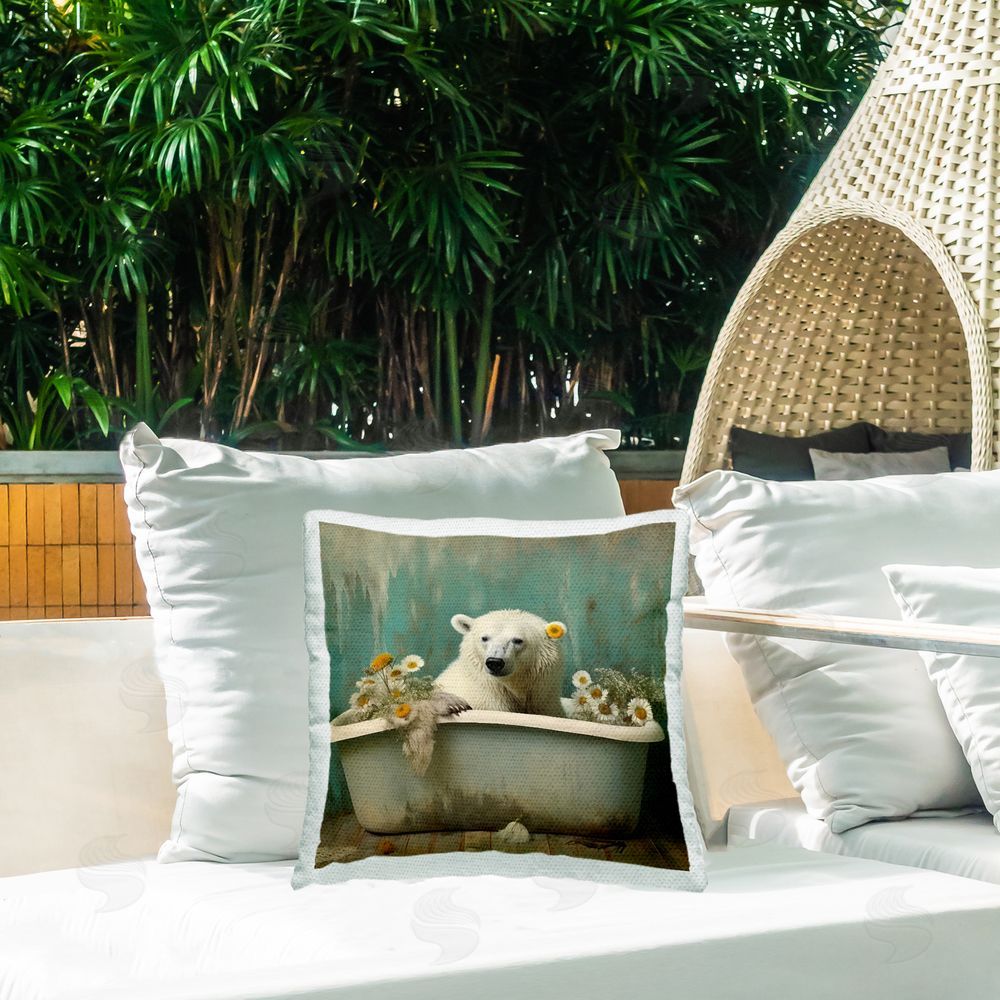 Lazar Studio Polar Bear Daisy Filled Tub Outdoor Quick-Dry Polyester Printed Throw Pillow in Back Yard