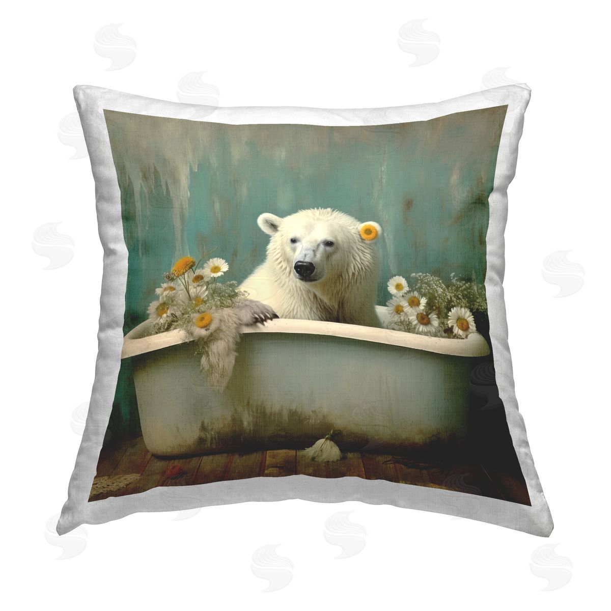 Lazar Studio Polar Bear Daisy Filled Tub Printed Plush Polyester Throw Pillow