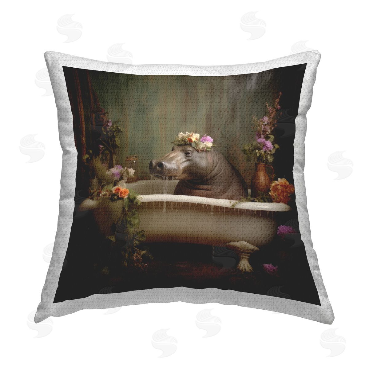 Lazar Studio Hippo in Floral Bathtub Outdoor Quick-Dry Polyester Printed Throw Pillow