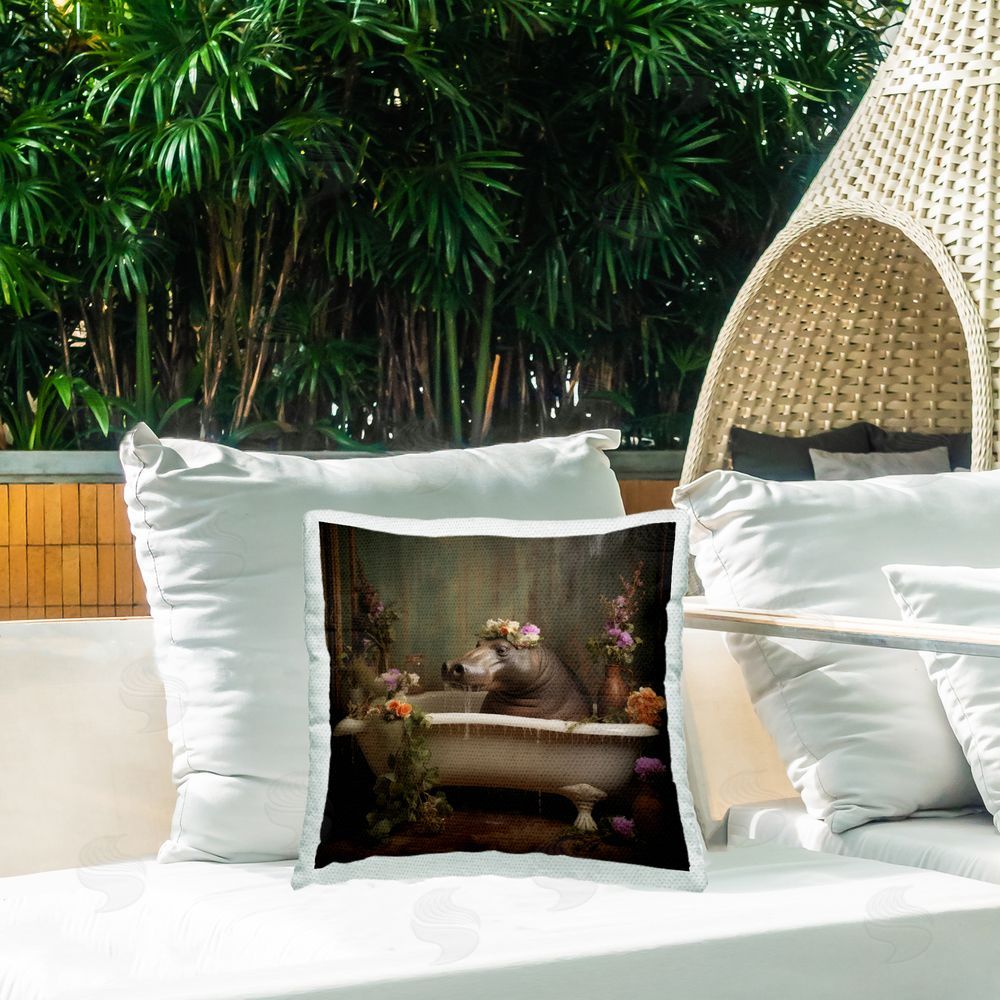 Lazar Studio Hippo in Floral Bathtub Outdoor Quick-Dry Polyester Printed Throw Pillow in Back Yard