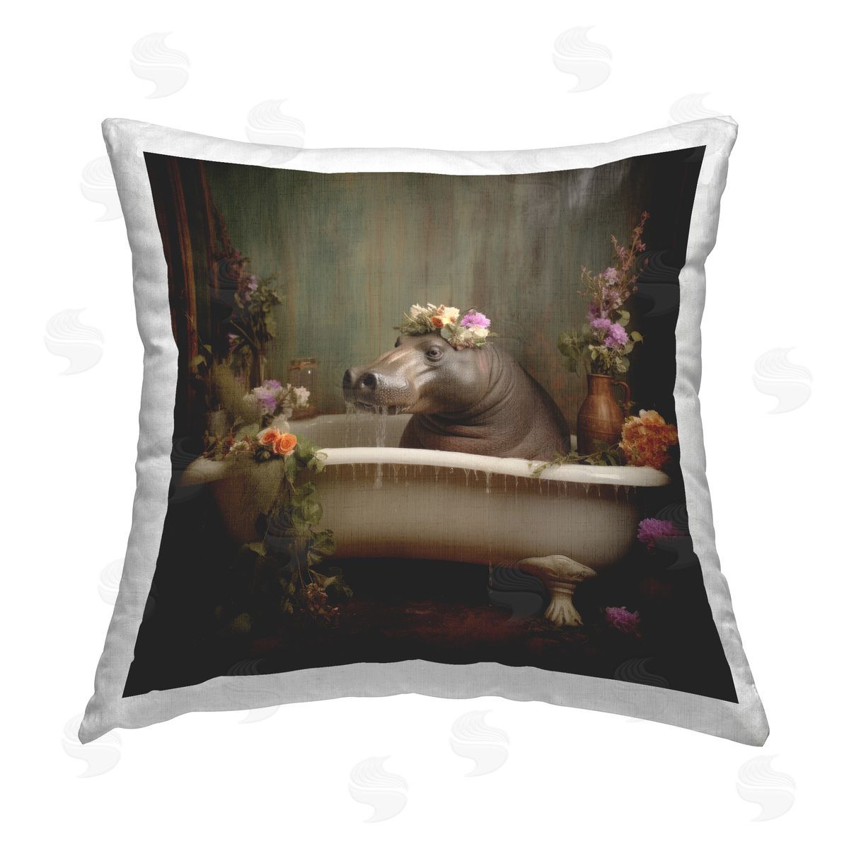 Lazar Studio Hippo in Floral Bathtub Printed Plush Polyester Throw Pillow