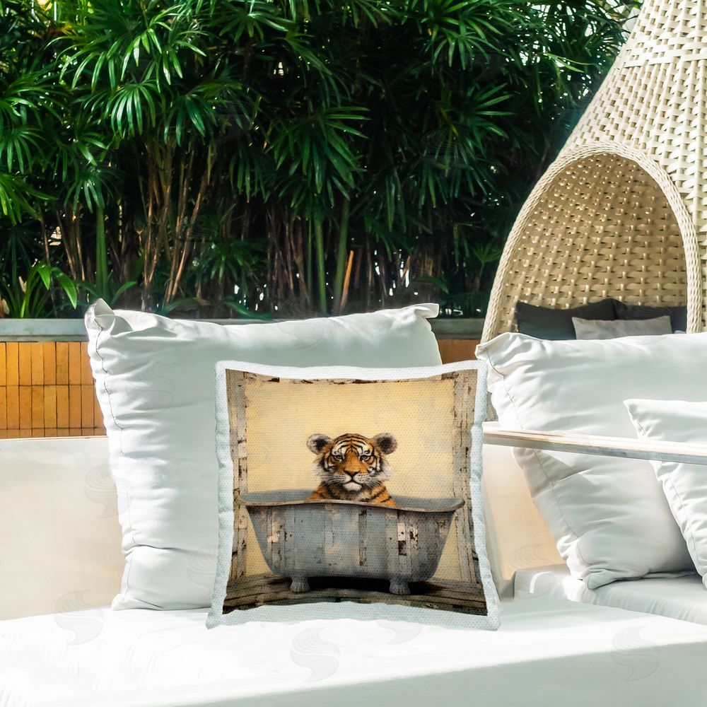 Lazar Studio Tiger in Rustic Tub Outdoor Quick-Dry Polyester Printed Throw Pillow in Back Yard