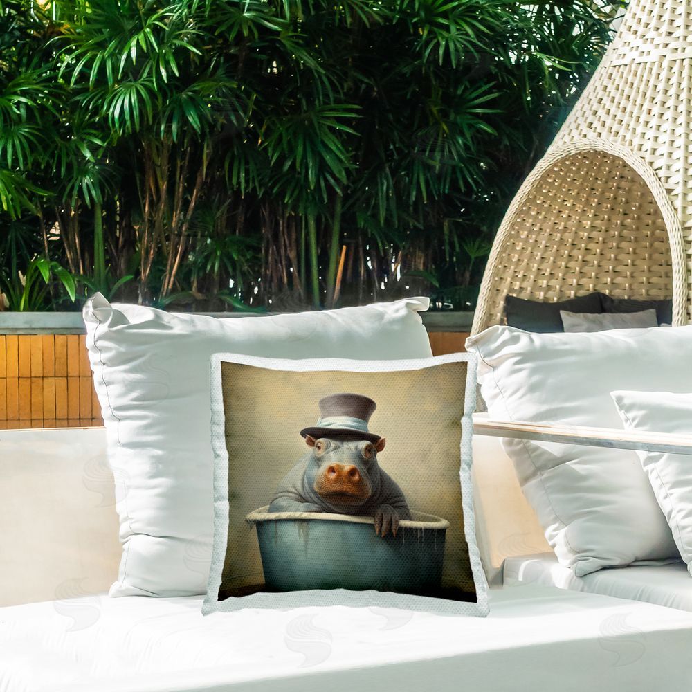 Lazar Studio Bathing Hippo in Top Hat Outdoor Quick-Dry Polyester Printed Throw Pillow in Back Yard