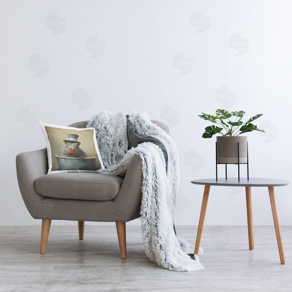 Lazar Studio Bathing Hippo in Top Hat Printed Plush Polyester Throw Pillow On Chair