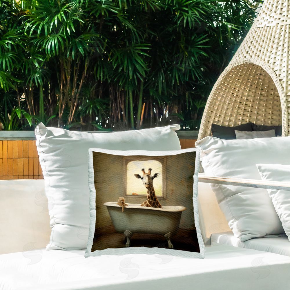 Lazar Studio Giraffe in Antique Bathroom Outdoor Quick-Dry Polyester Printed Throw Pillow in Back Yard