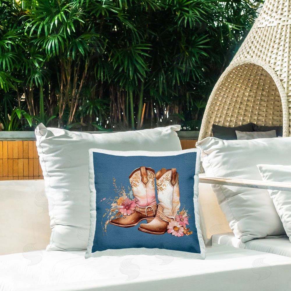Birch & Ink Floral Cowgirl Boots on Blue Outdoor Quick-Dry Polyester Printed Throw Pillow in Back Yard