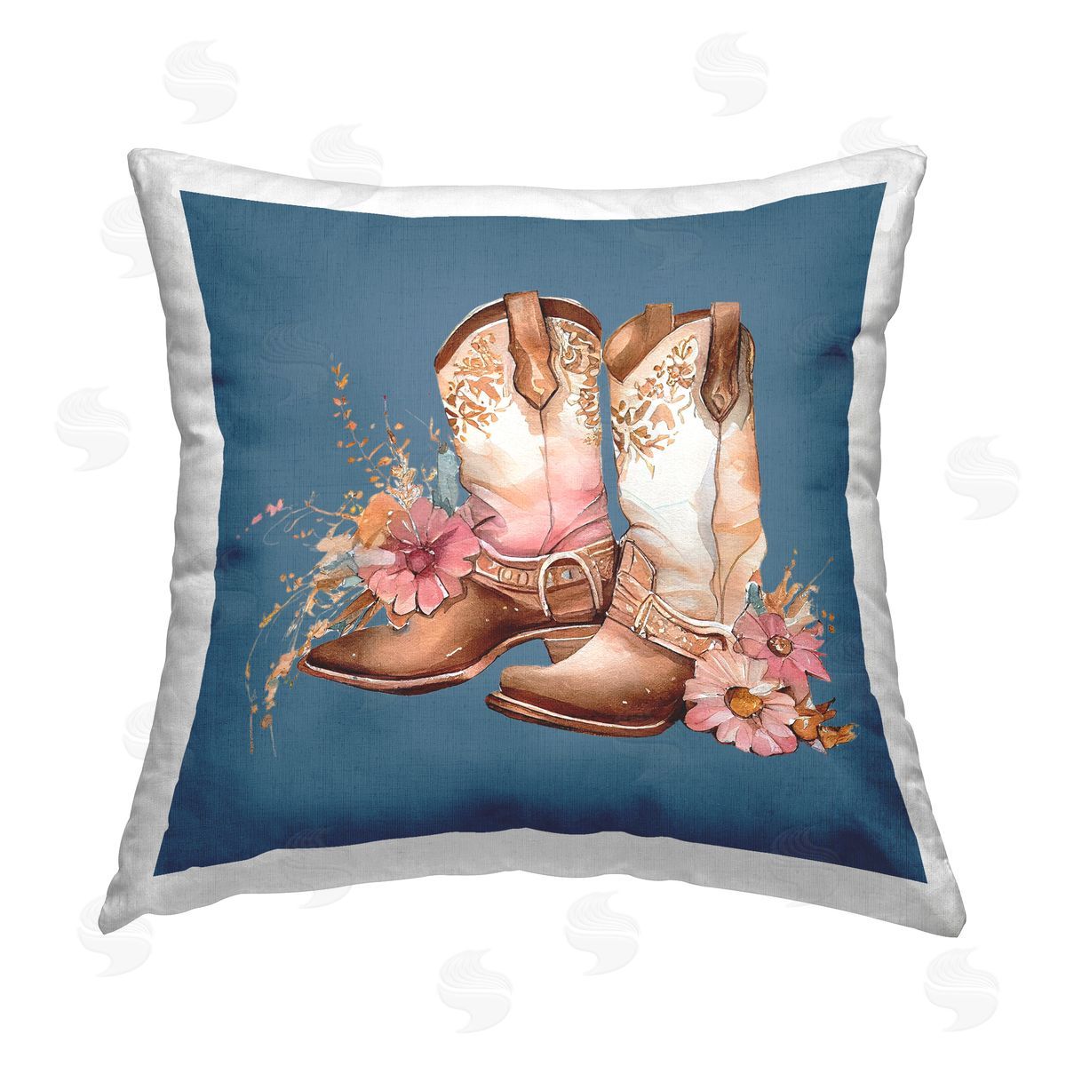 Birch & Ink Floral Cowgirl Boots on Blue Printed Plush Polyester Throw Pillow