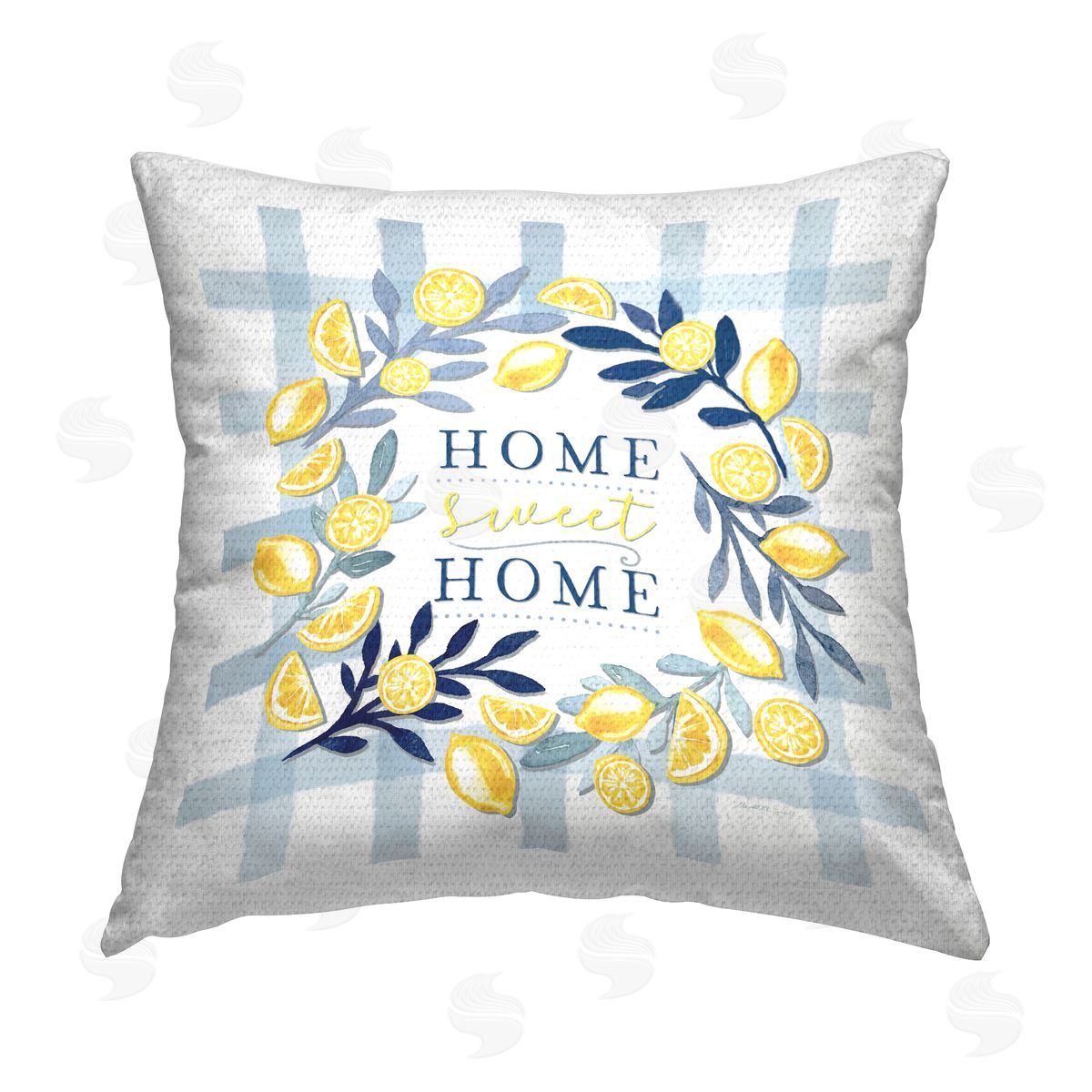 Elizabeth Tyndall Lemon Wreath on Gingham Outdoor Quick-Dry Polyester Printed Throw Pillow