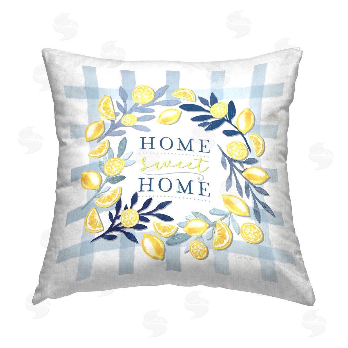 Elizabeth Tyndall Lemon Wreath on Gingham Printed Plush Polyester Throw Pillow