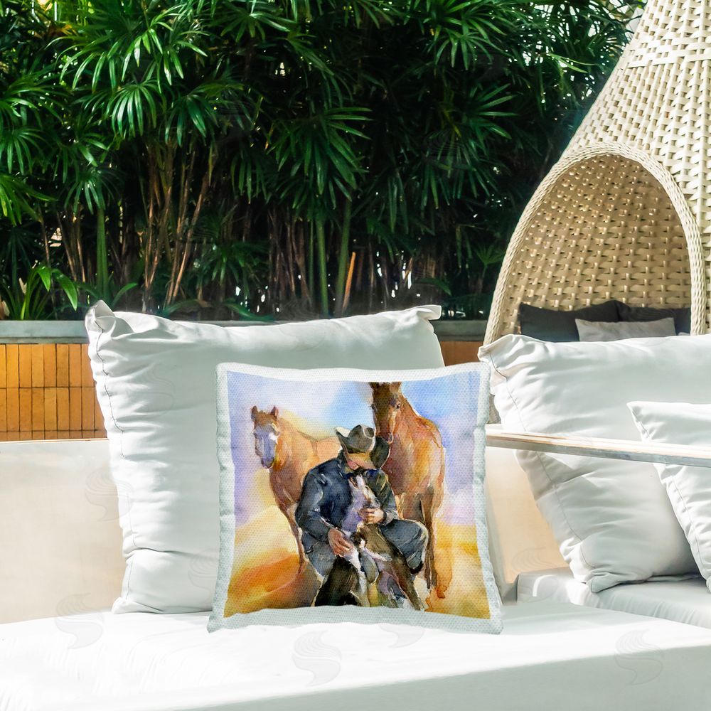 John Keeling Abstract Cowboy with Animals Outdoor Quick-Dry Polyester Printed Throw Pillow in Back Yard